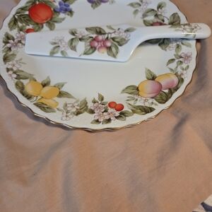 Andrea By Sadek Porcelain Cake Plate and Server with Multicolor Fruit Motif